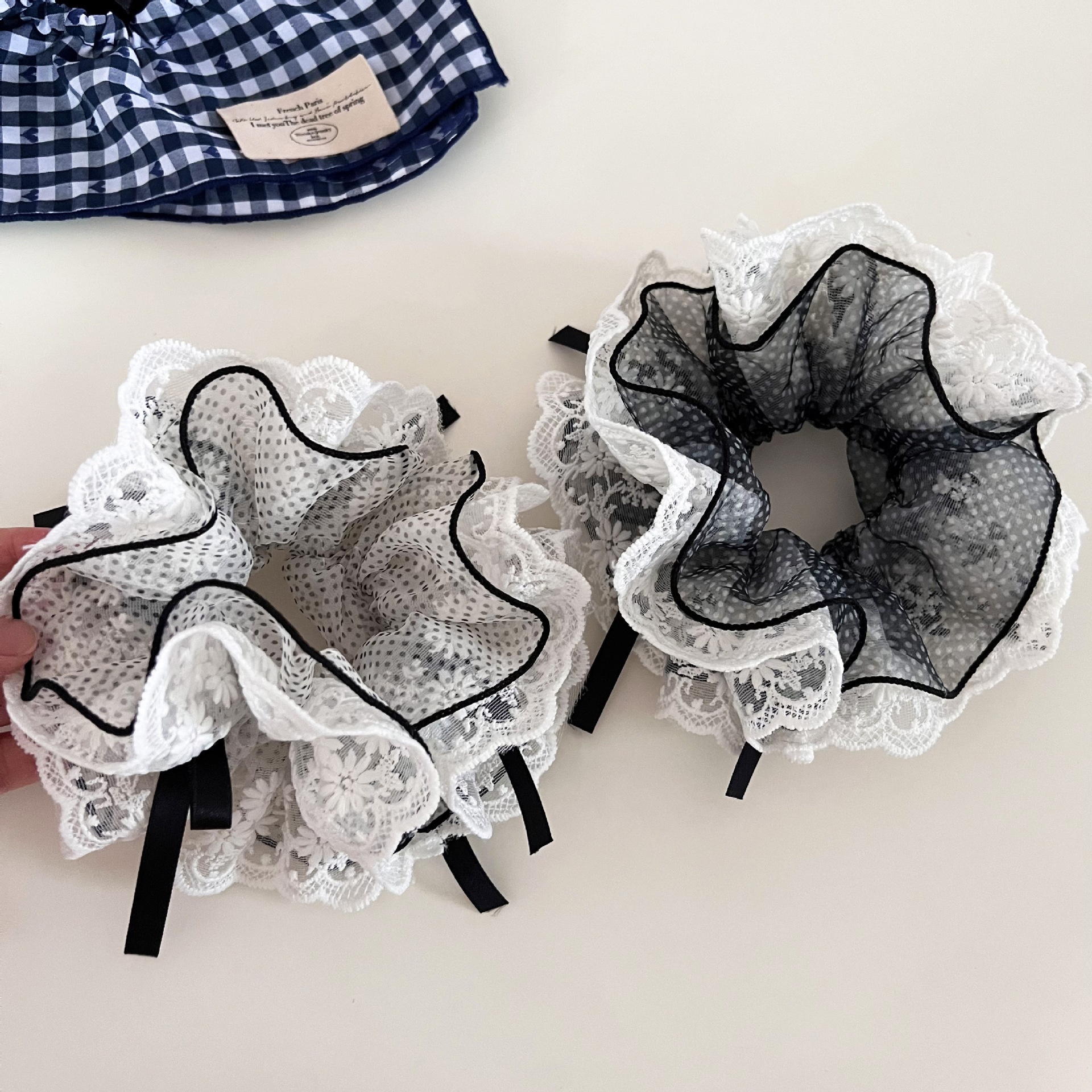 Women's French Lace Bow Elastic Hair Tie For Buns Black White Polka Dot