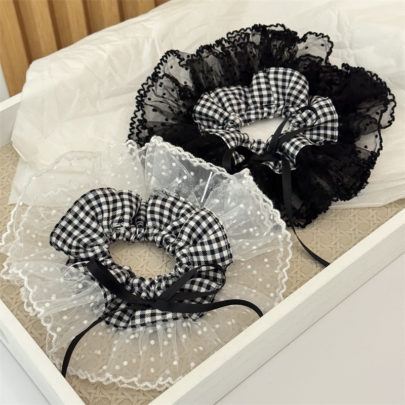 Women's Stylish Cloth Bowknot Hair Scrunchies Black White Checkered Lace