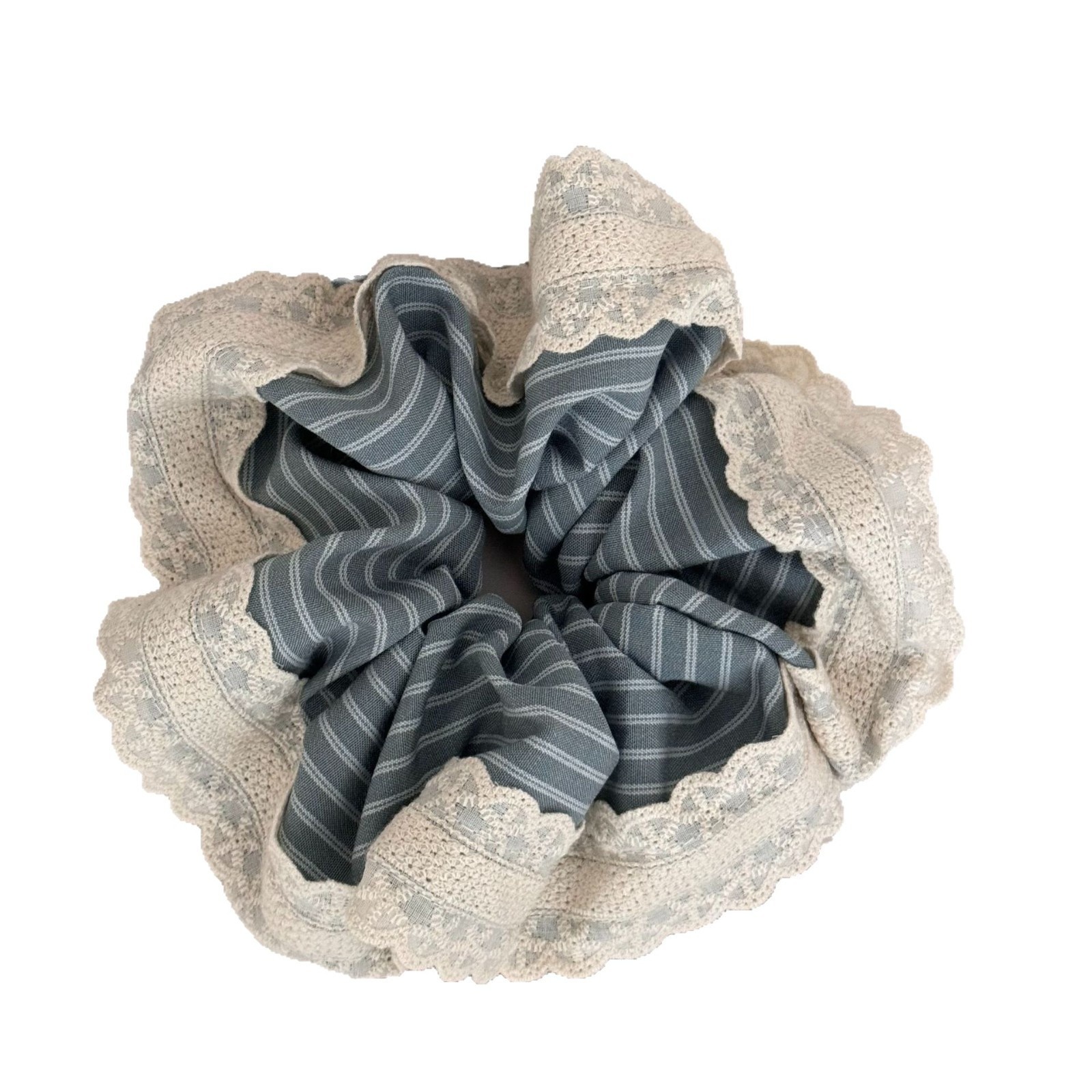 Women's Elegant Cloth Hair Tie For Everyday Wear Grey & Blue Striped Lace