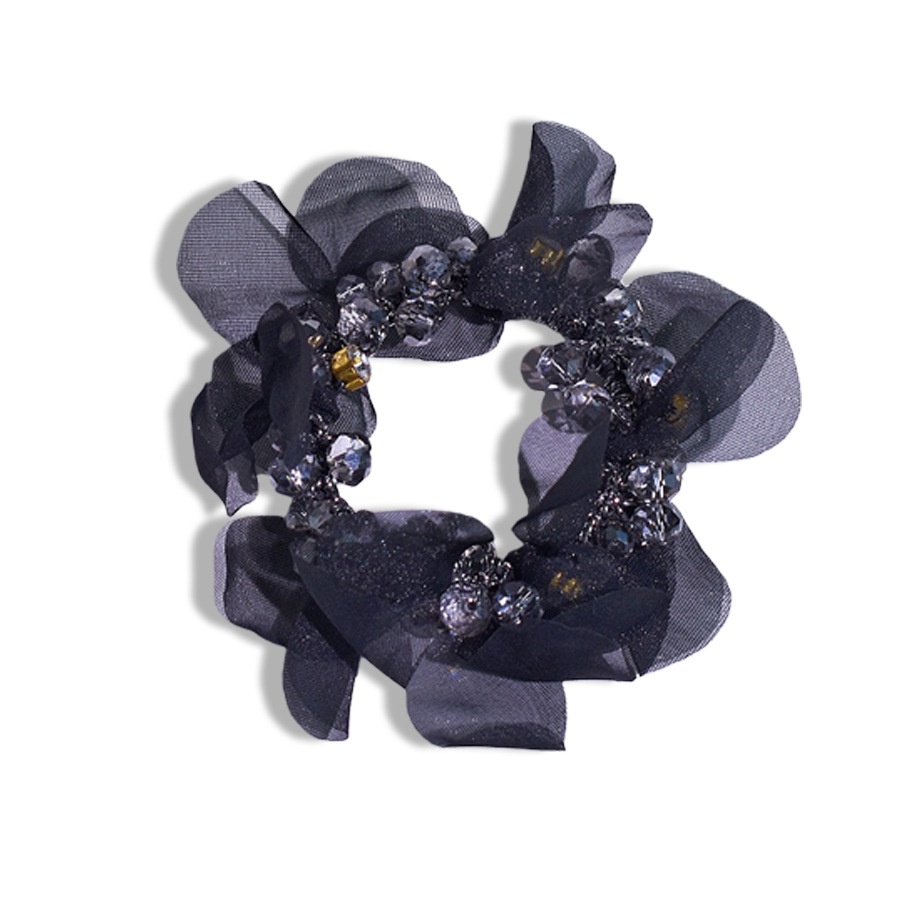 Women's Fairy Crystal Petal Hair Ring Organza Ponytail Tie Black Champagne