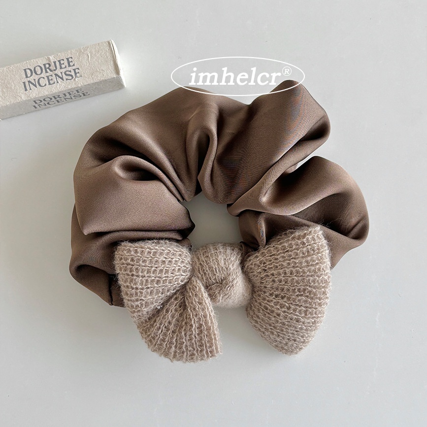 Women's Knitted Satin Plaid Bow Headband Autumn Winter Elastic Hair Accessories