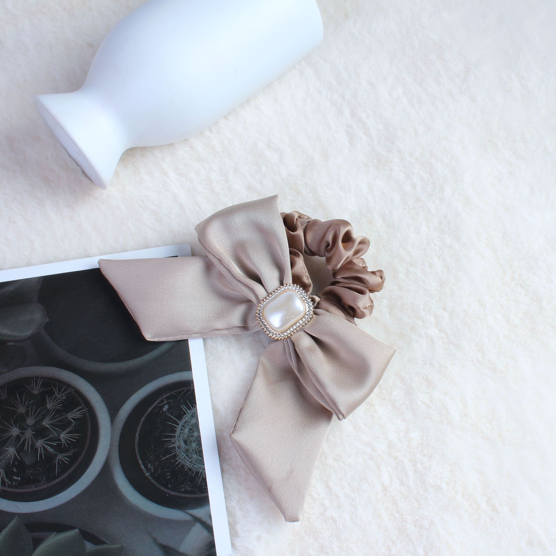 Women's Satin Pearl Bow Hair Tie, French Lolita Style Hair Accessory