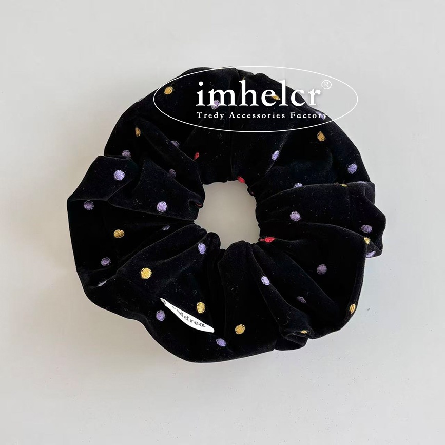 Girls Colorful Polka Dot Embroidered Black Velvet Headband Hair Bun Wrap