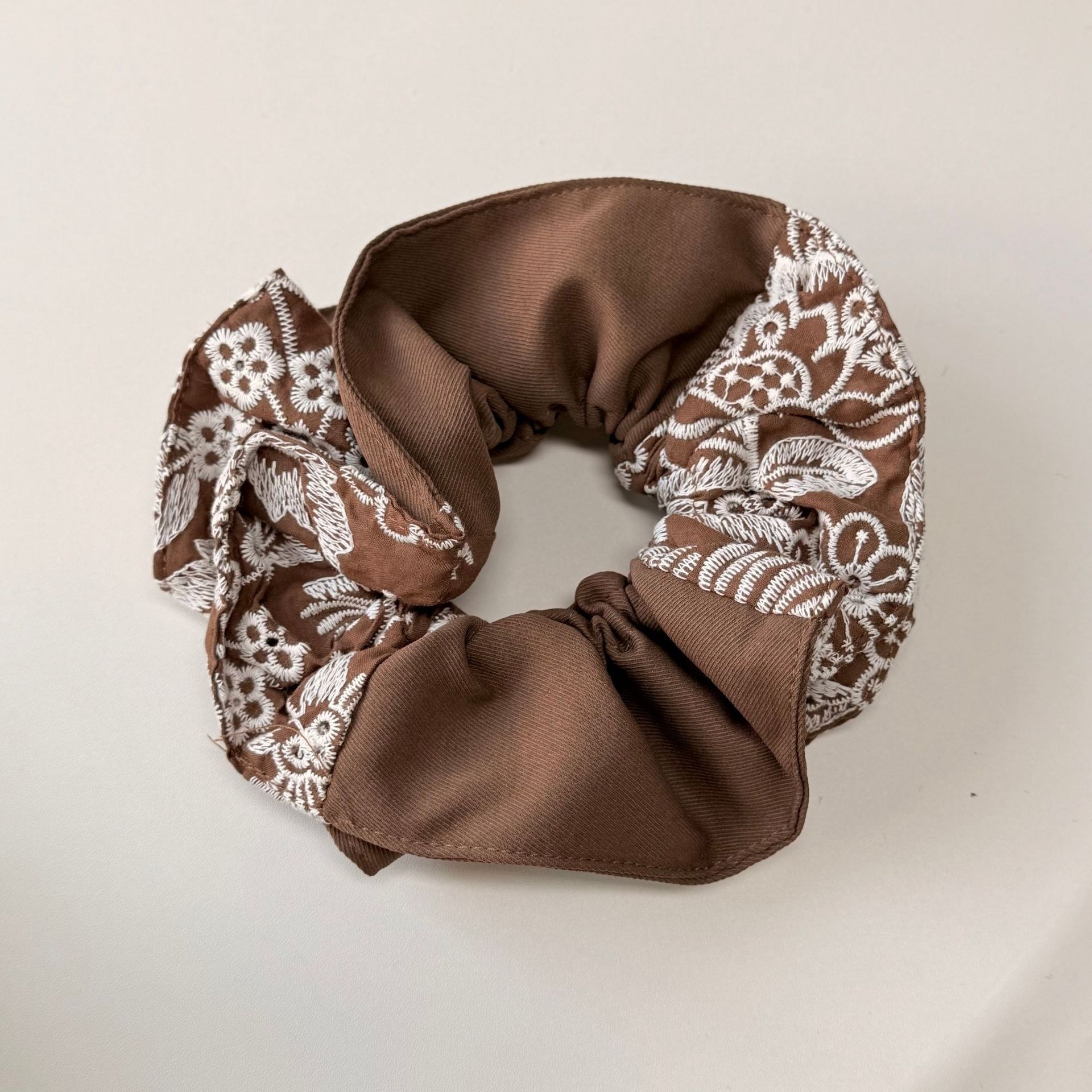 Women's Vintage Winter Cloth Bow Bun Hair Tie Embroidered Coffee Blue