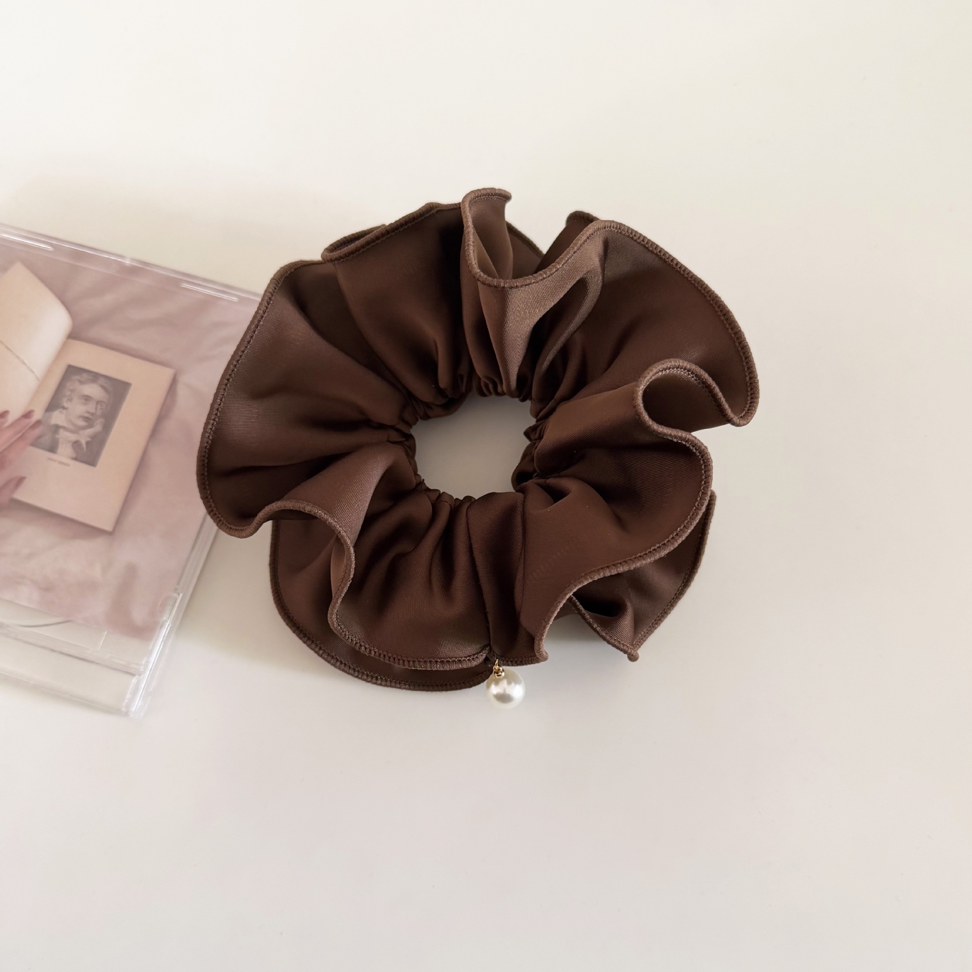 Women's Satin Ruched Bowknot Hair Tie Soft Pearl Elegant Solid Color