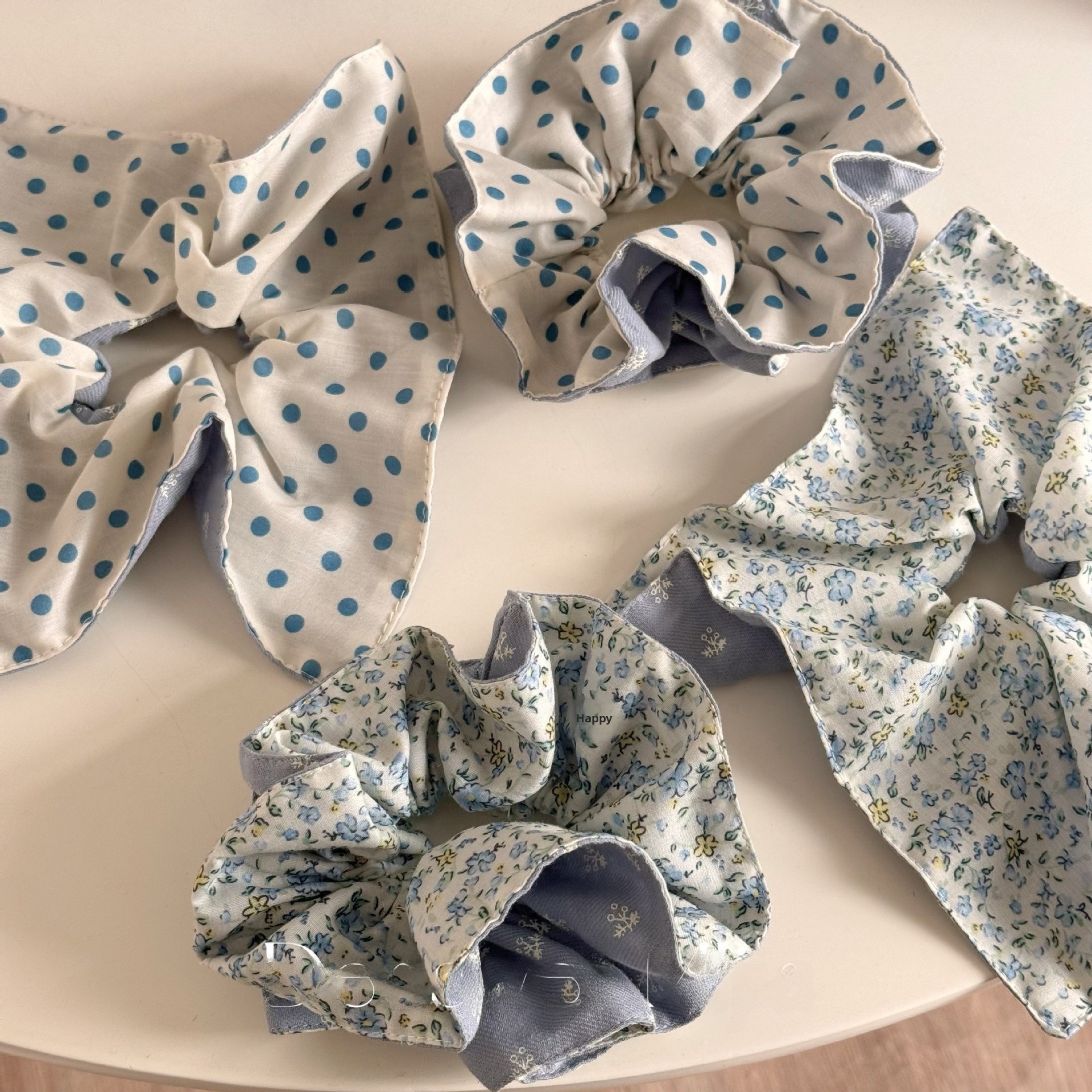 Women's Spring Cloth Bubble Braid Hair Tie Blue Ditsy Floral Polka Dots