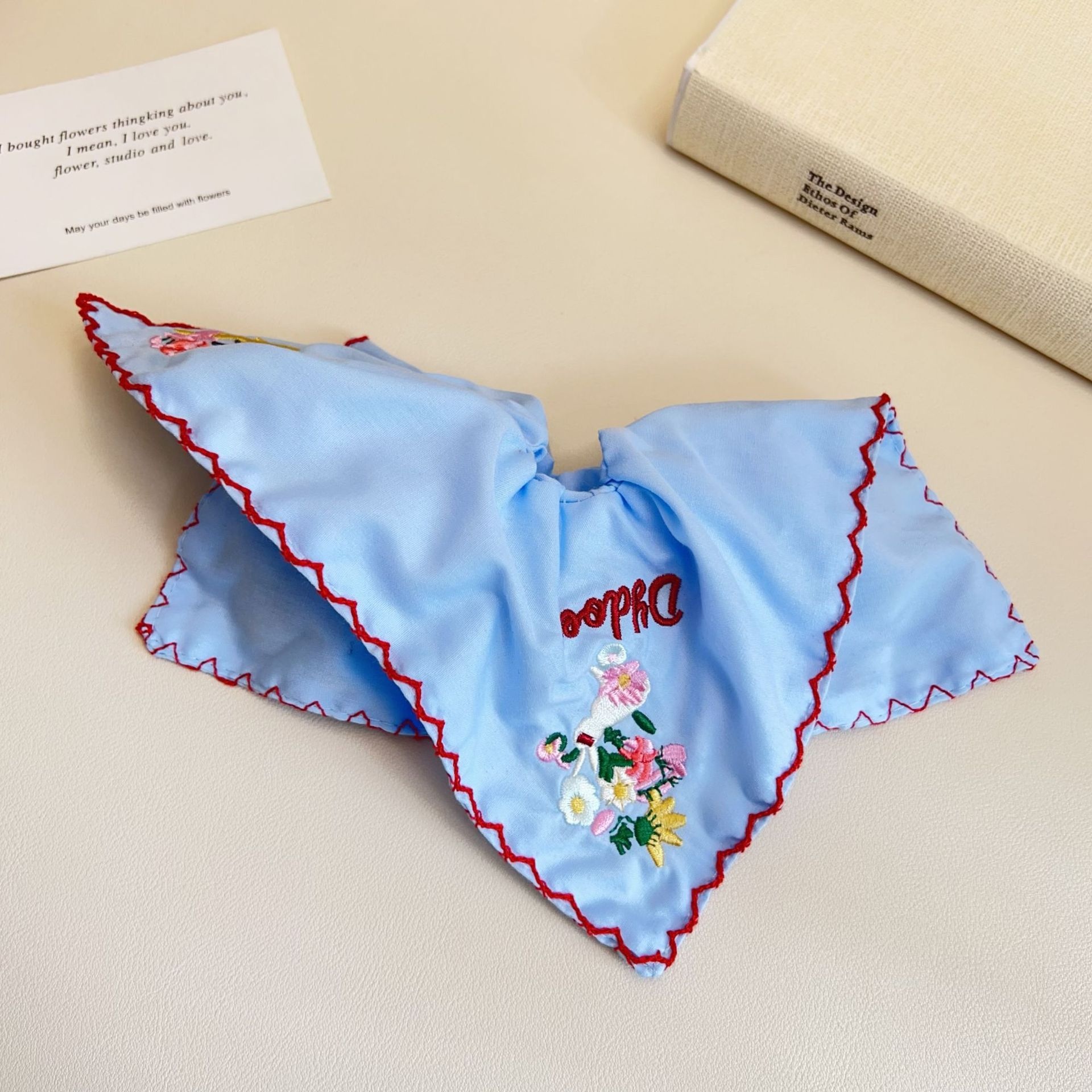 Women's Everyday Cloth Scrunchie Hair Tie Blue Embroidered Rabbit