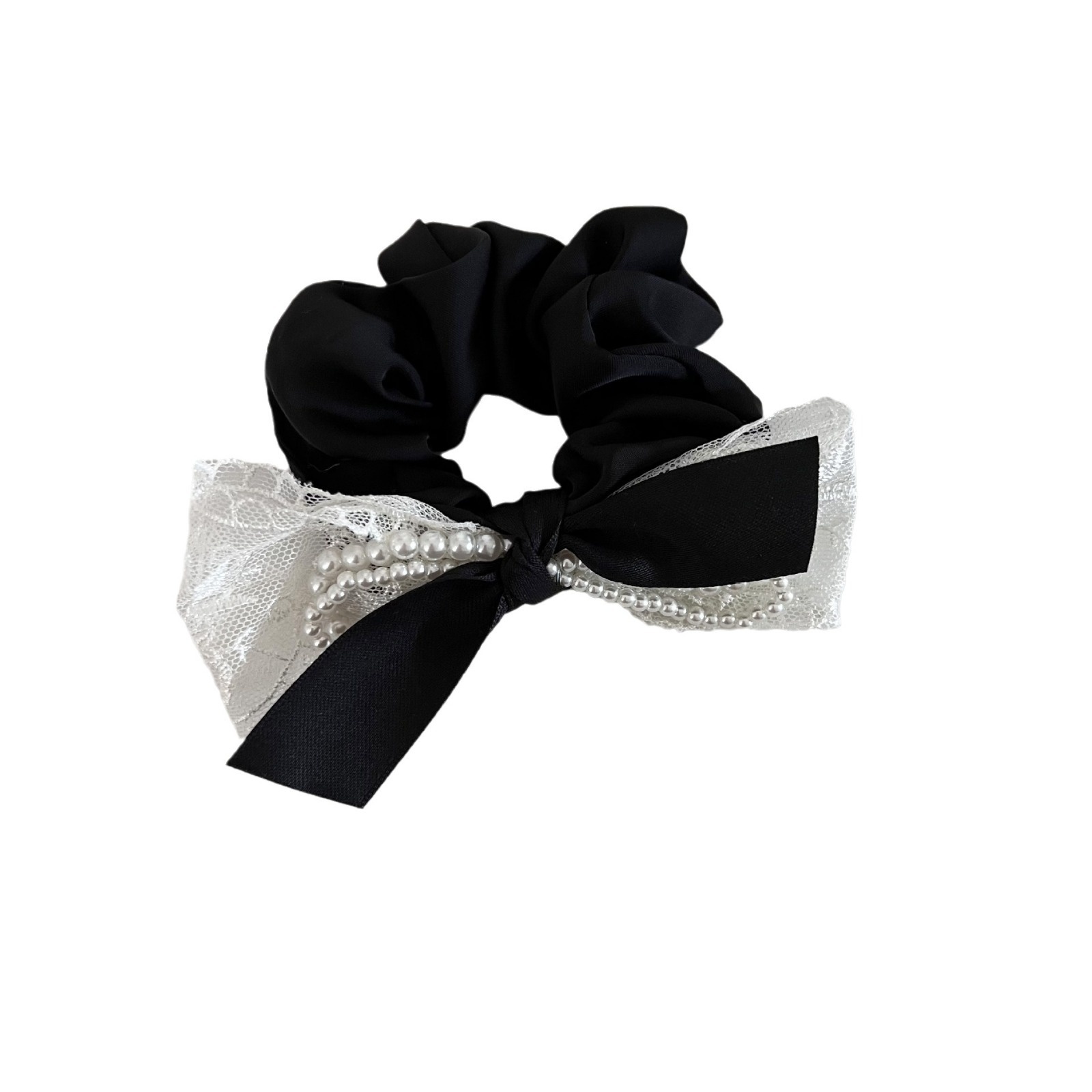 Women's Elegant Lace Pearl Ponytail Elastic Hair Tie Bowknot Pink Black