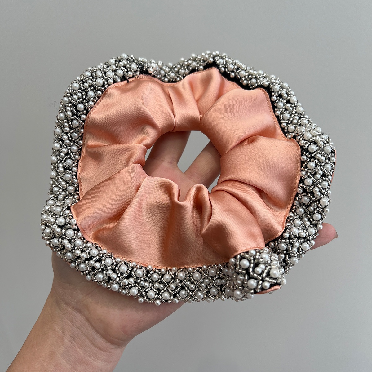 Women's Elegant Pearl Crystal Satin Hair Ties French Vintage Black Brown Scrunchie