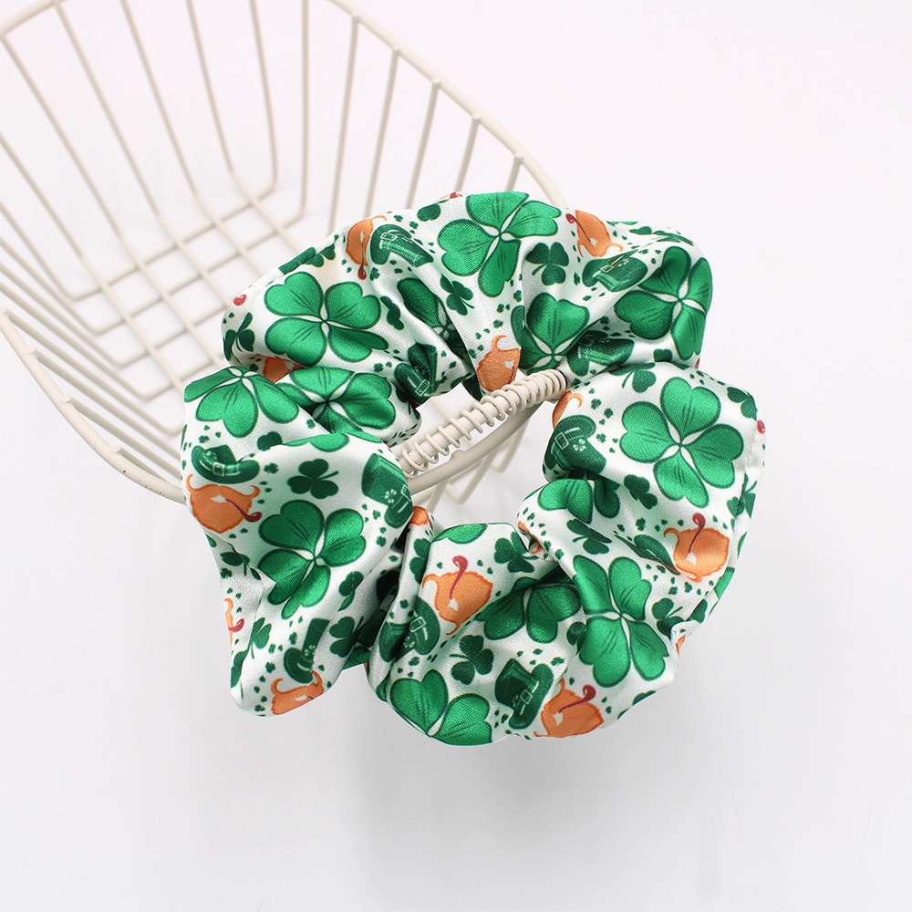 Women's 5PCS St. Patrick's Day Green Shamrock Big Bow Silk Printed Hair Ties