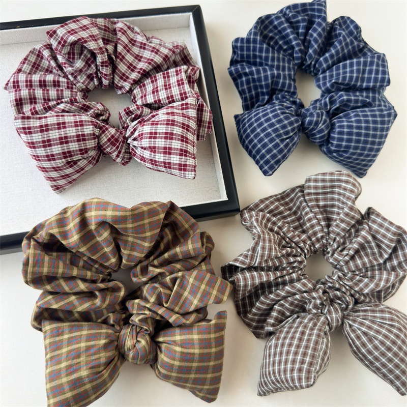 Women's Large Retro Plaid Bowknot Hair Tie Preppy Fabric Elastic Band