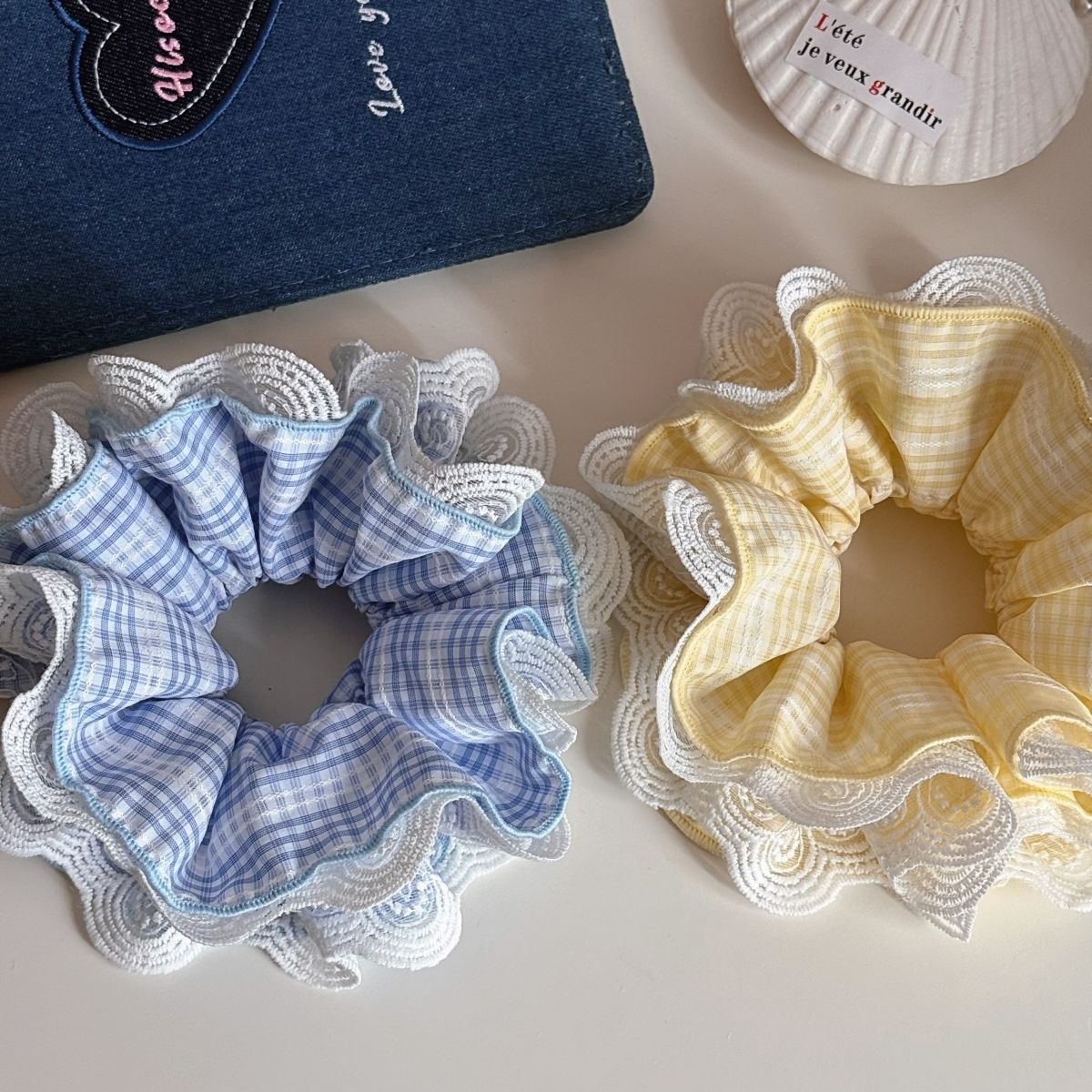 Women's Stylish Cloth Hair Tie Ponytail Holder Blue Yellow Plaid Lace