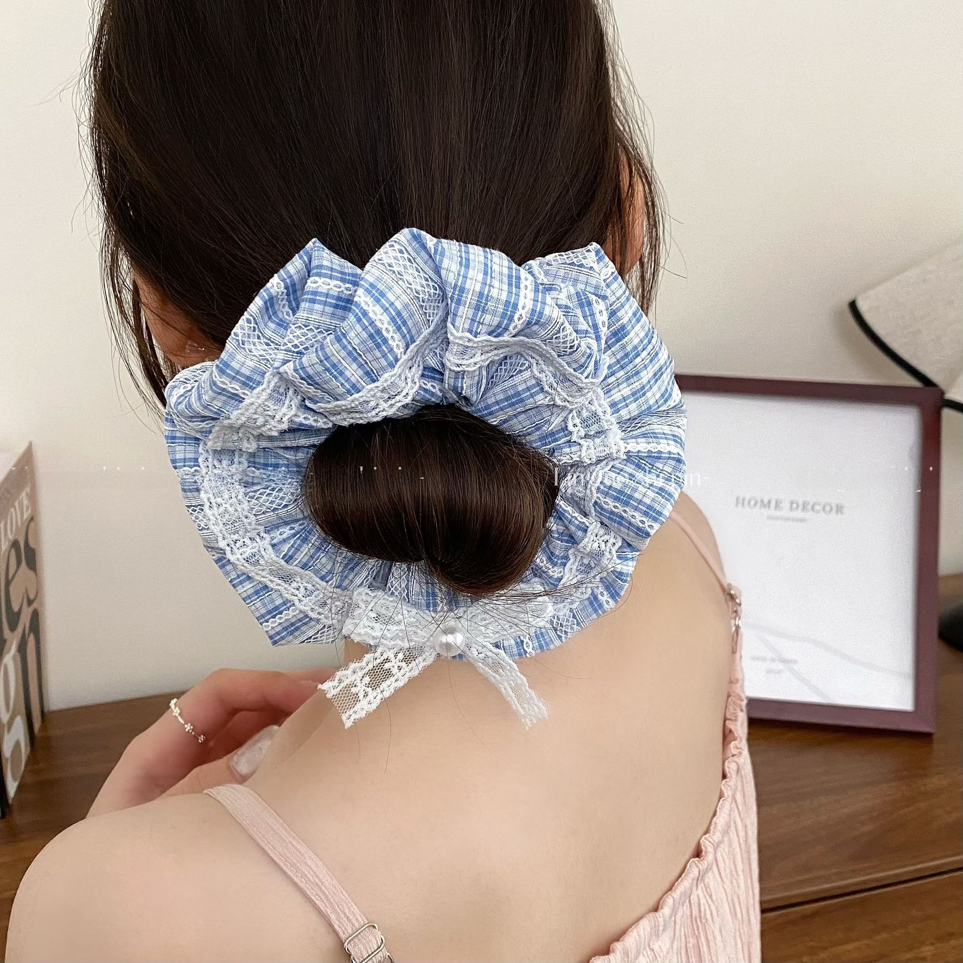 Women's Pearl Lace Bowknot Cloth Hair Scrunchie Blue Checkered