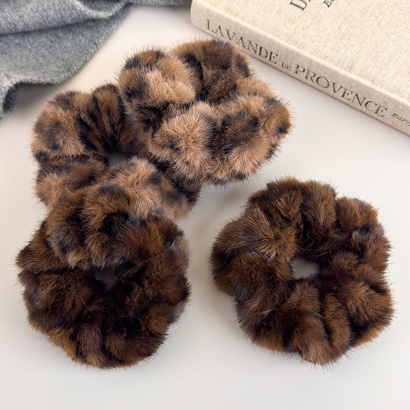 Women's Winter Flannel Large Ponytail Hair Scrunchie Leopard Print