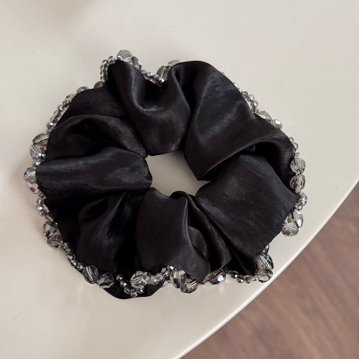 Women's Spring French Retro Satin Hair Tie Sparkly Crystal Beige