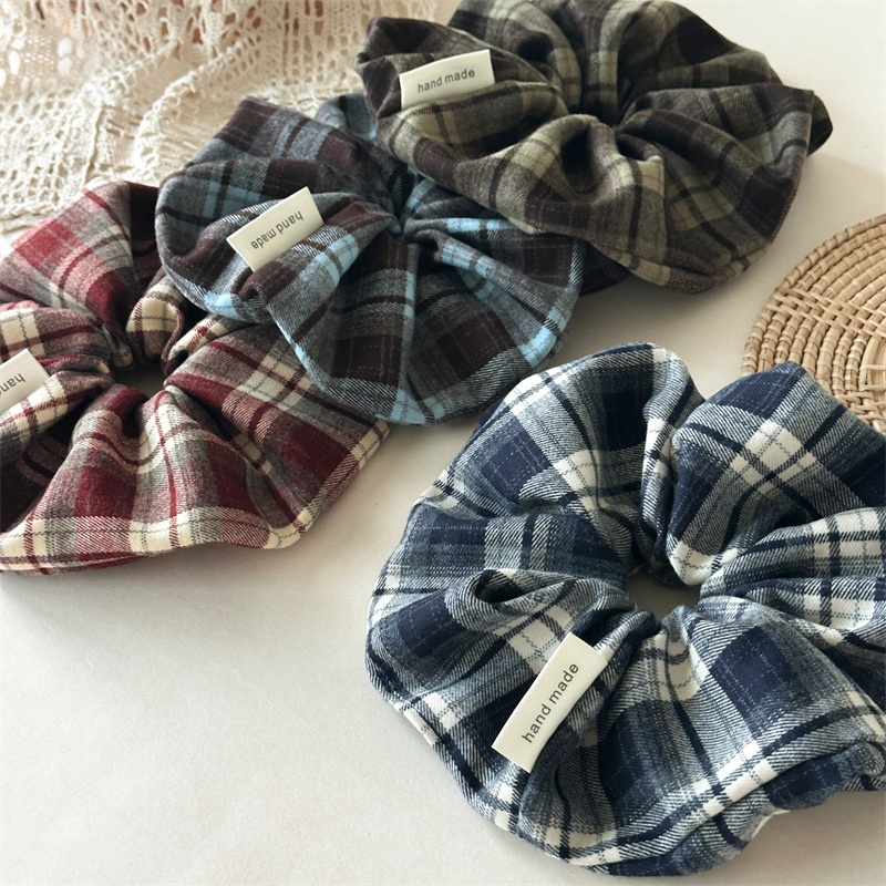 Women's Retro Dark Plaid Hair Ties Preppy Frayed Cloth Elastic Hair Bands