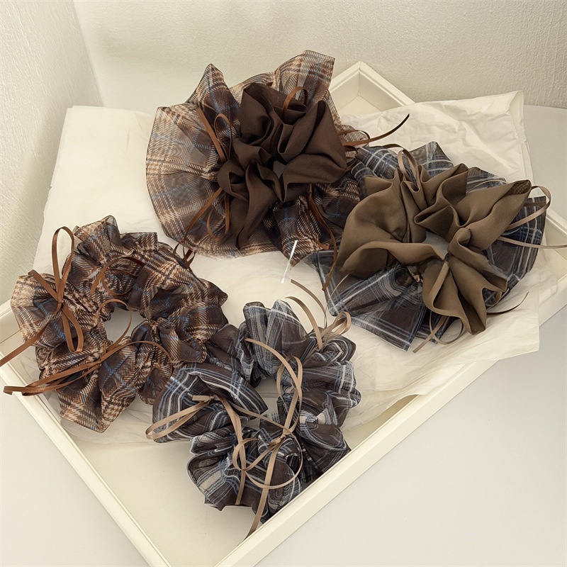 Women's Soft Gauze Bowknot Hair Tie For Daily Wear Coffee Plaid