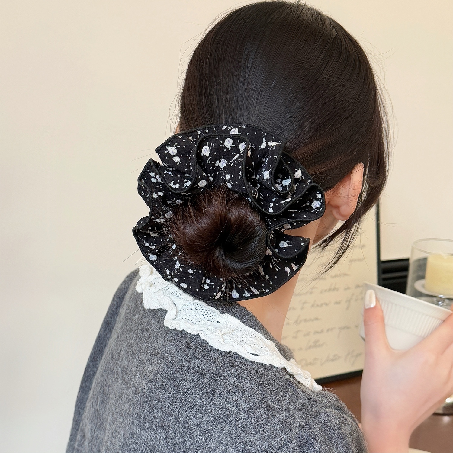 Women's Spring Summer Cloth Hair Tie Accessory Black Ditsy Floral