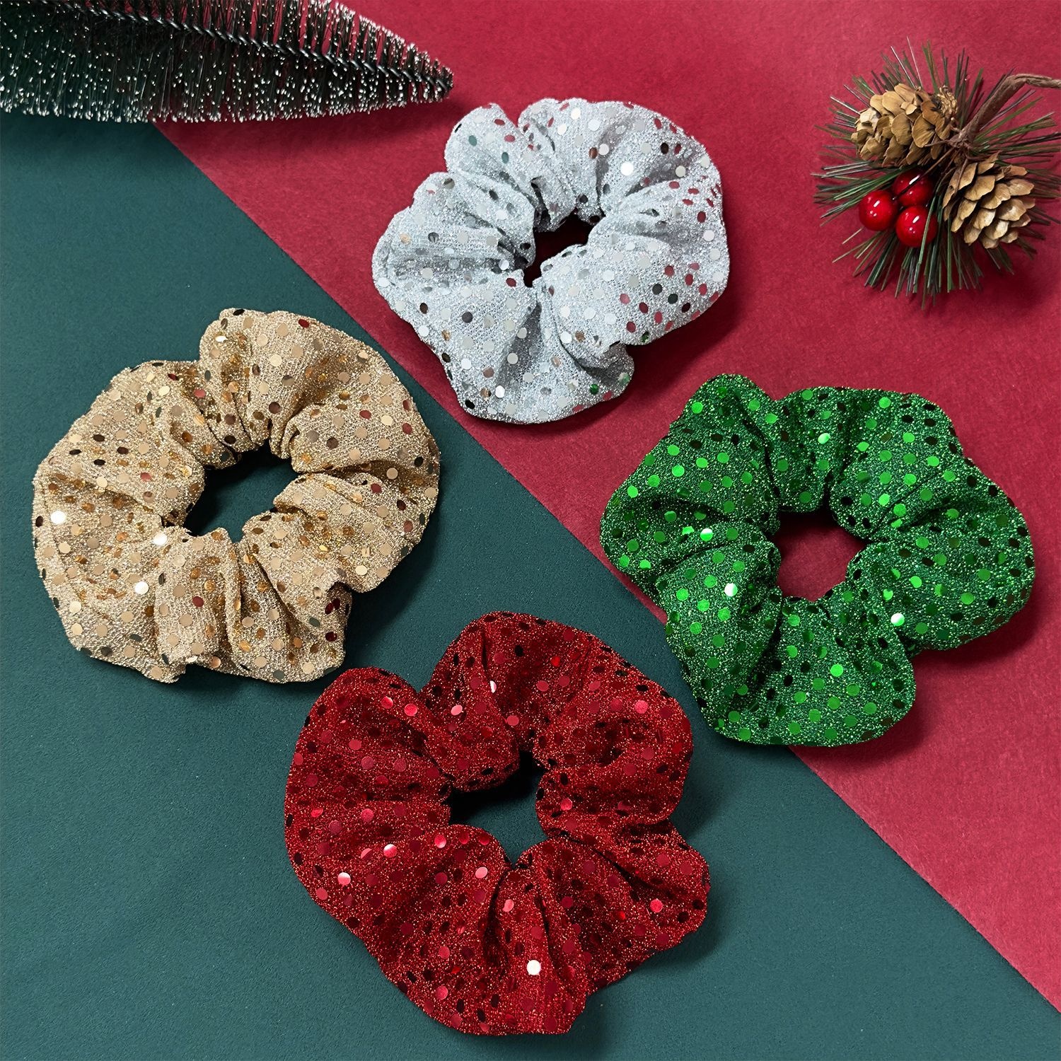 Women's Christmas Solid Mesh Scrunchie High Elasticity Tail Knot Fabric Hair Tie