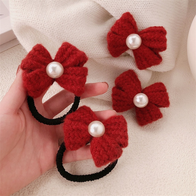 Women's Festive Red Wool Bow Hairband & Pearl Elastic Hair Tie for Winter