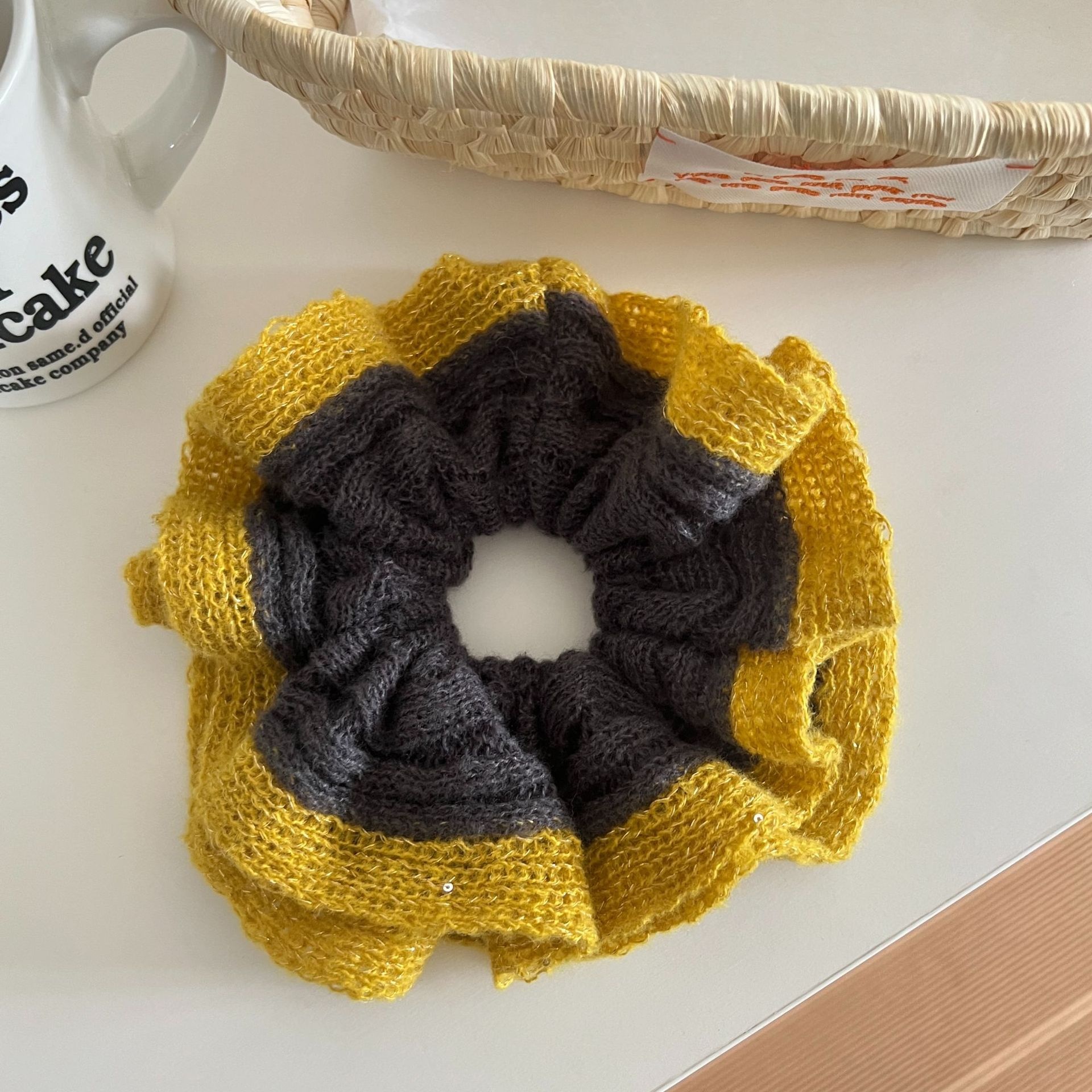 Women's Autumn Winter Knit Wool Yarn Hair Tie Round Scrunchie Blue