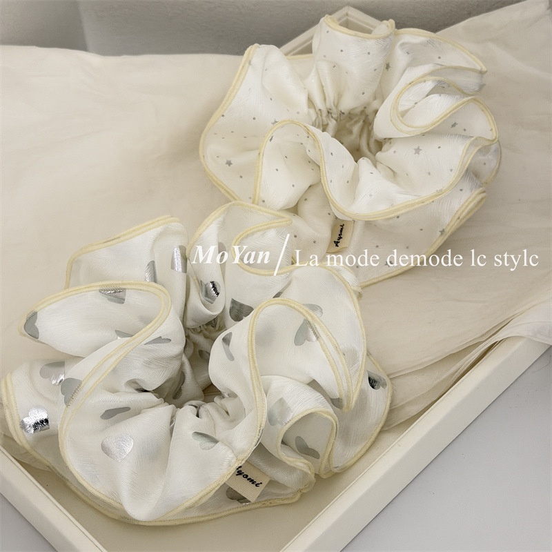 Women's Daily Soft Cloth Hair Tie Scrunchie Silver Heart Polka Dots