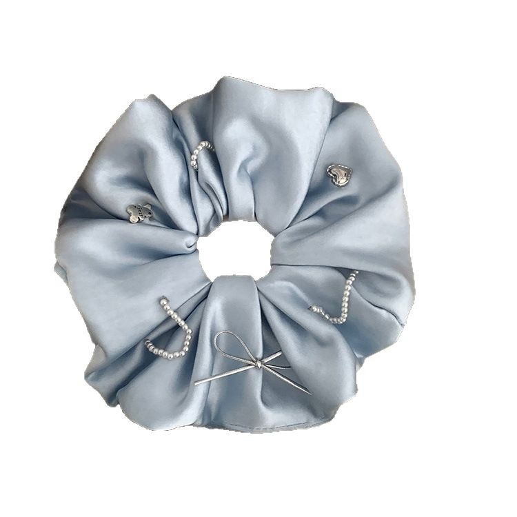 Women's Premium Satin Pearl Hair Tie Elegant Bun Band Blue Bow Knot