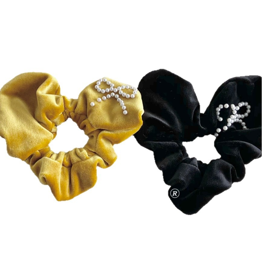 Women's Soft Velvet Pearl Bowknot Hair Tie Yellow Heart Shape