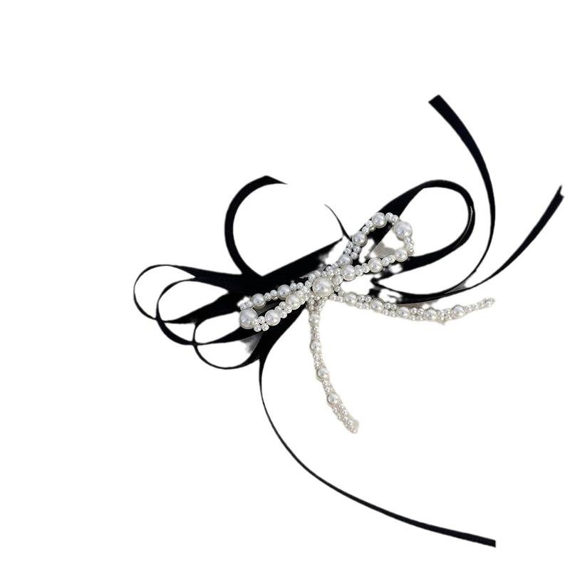 Women's Elegant Bow Knot Hair Tie with Imitation Pearls, Beige & Black