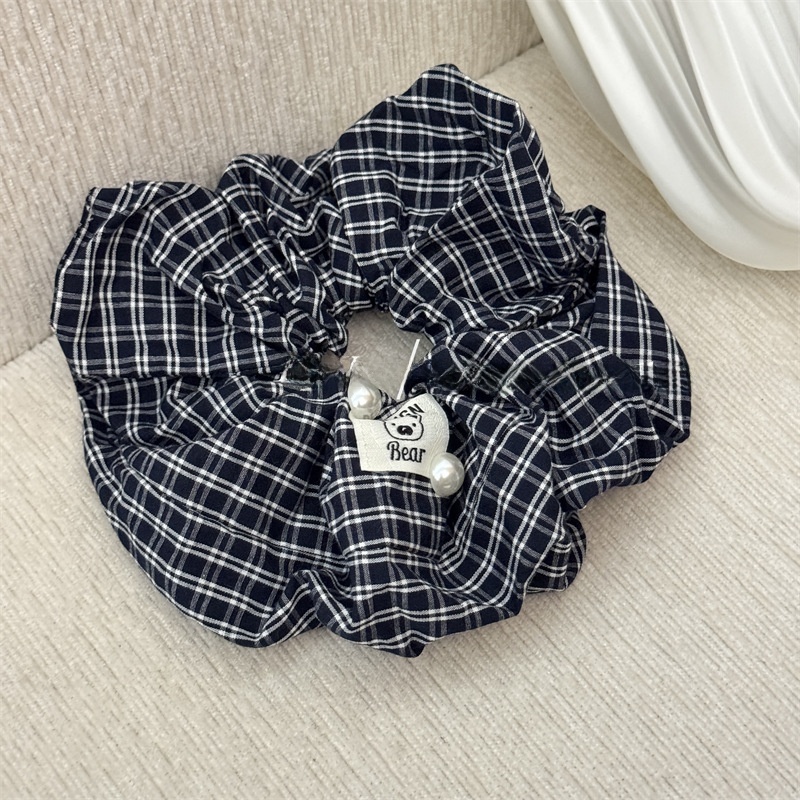 Women's Preppy Pearl Cloth Hair Scrunchies Navy Blue Checkered Plaid Pattern