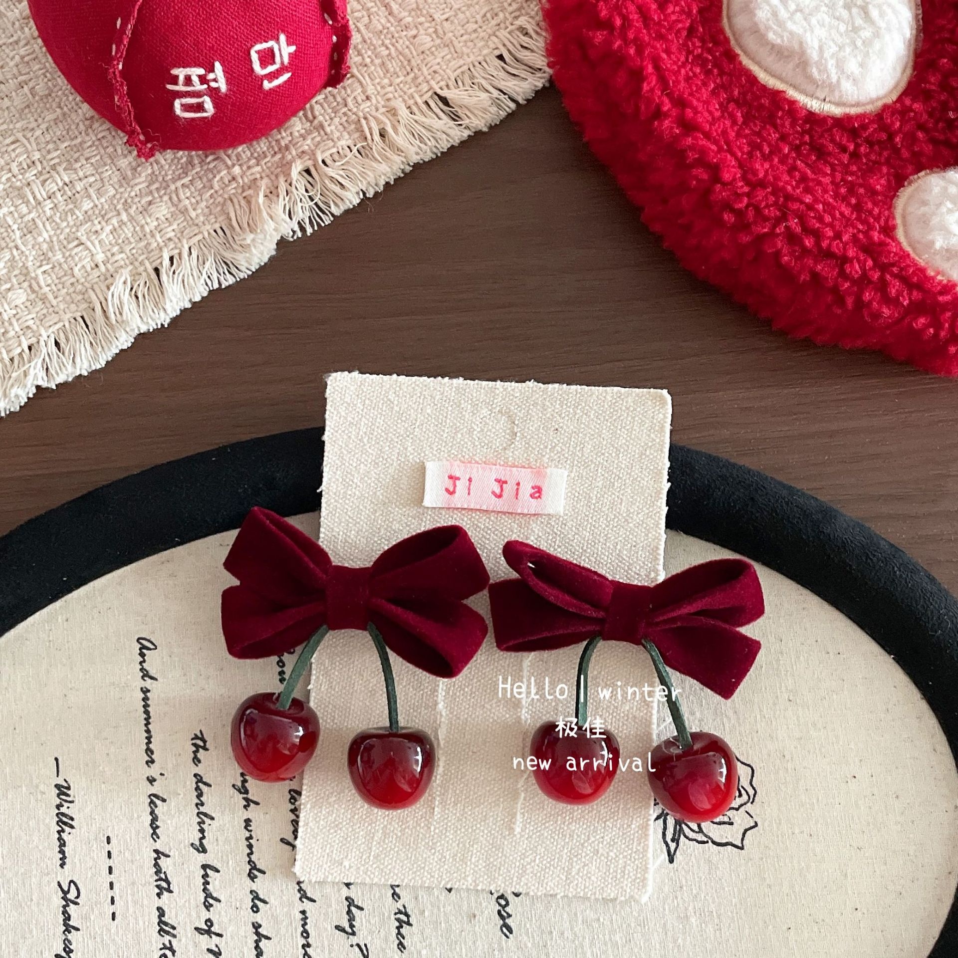 Girls Festive Velvet Headband New Year Hair Accessories Wine Red Cherry