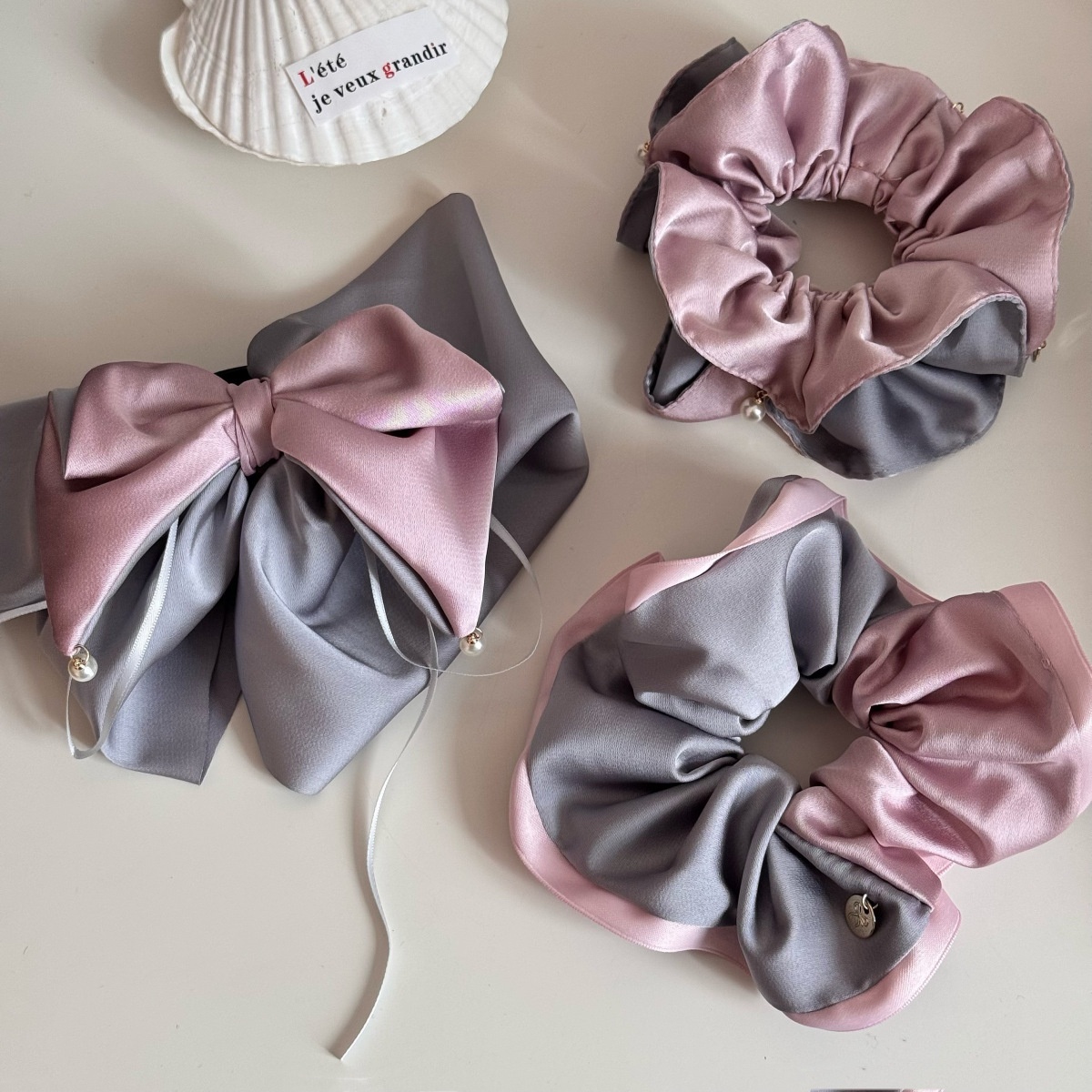 Women's Winter Satin Scrunchie Hair Tie Grey & Pink Color Block