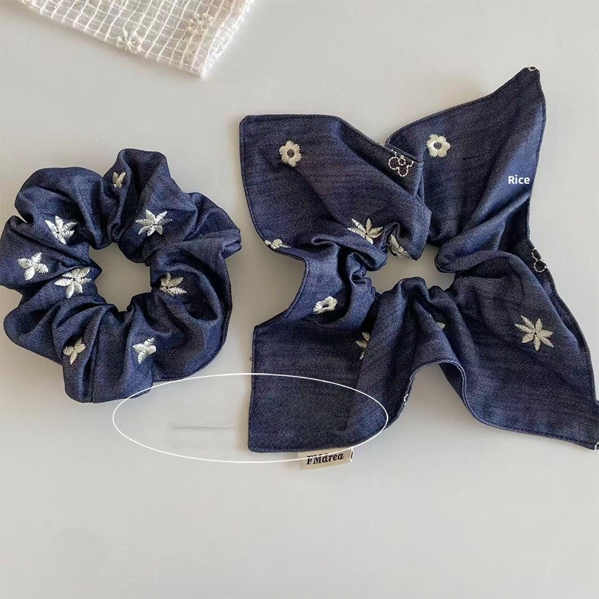 Women's Autumn Hair Tie Cowboy Style Denim Floral Embroidery