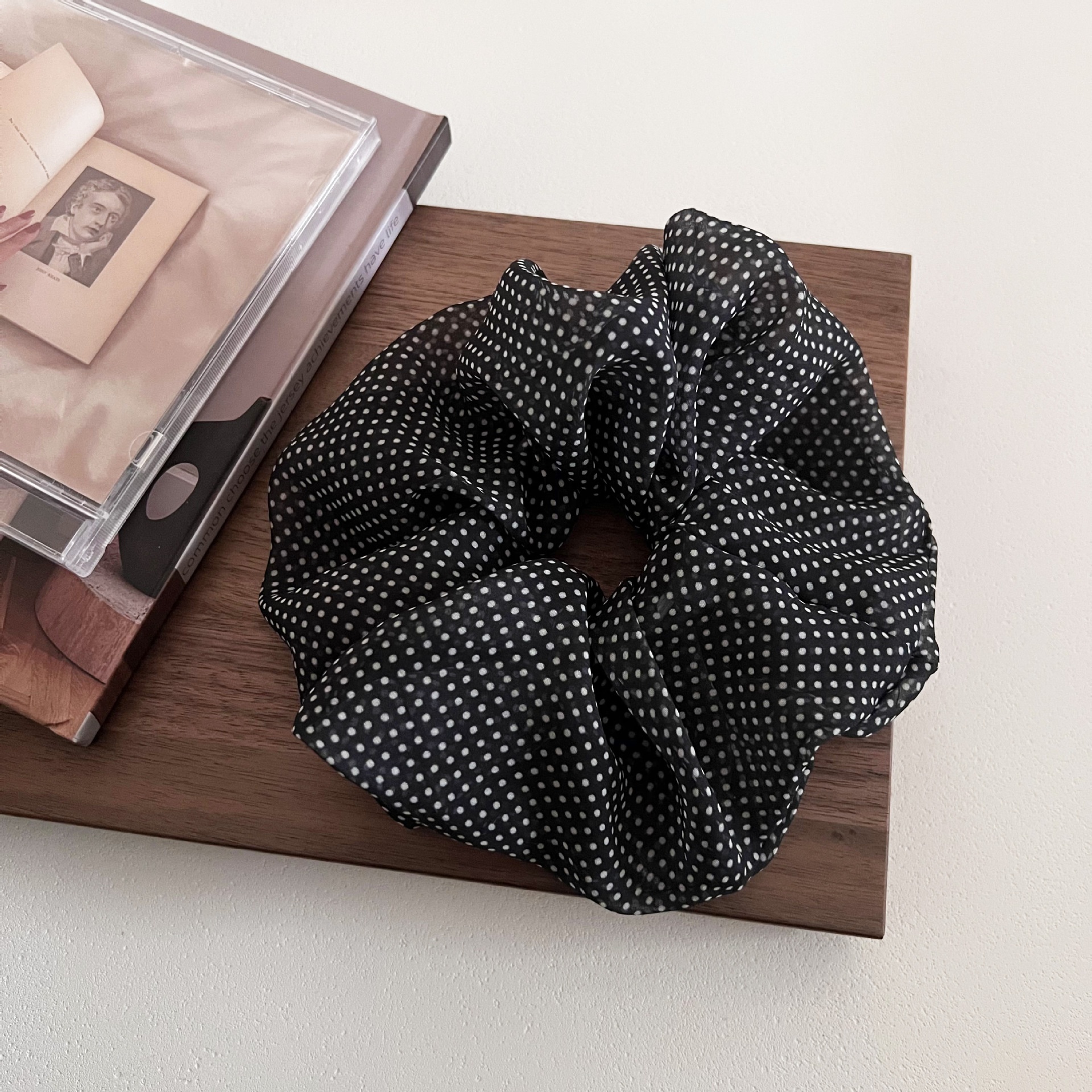 Women's French Retro Mesh Low Bun Hair Tie Black & White Polka Dot