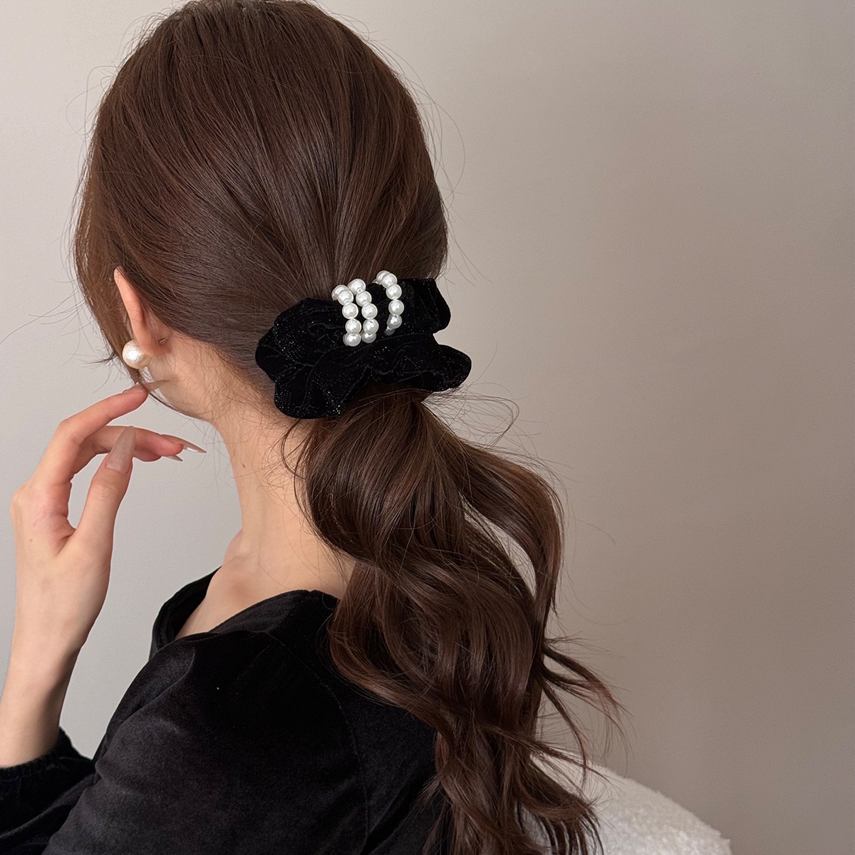 Handmade Pearl Velvet Shiny Autumn Winter Hairband Headband Multifunctional Elastic Hairband Princess