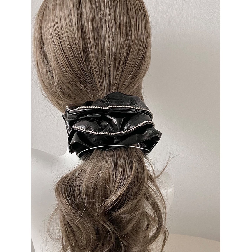 Women's Cool Rhinestone PU Leather Spring Hair Tie Solid Wine Red