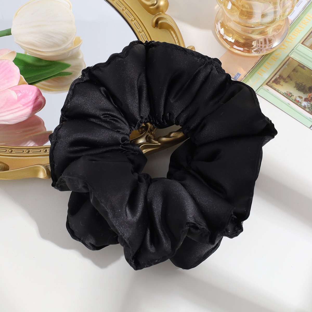 Women's Satin Flower Hair Tie French Style Large Elastic Band Solid Color