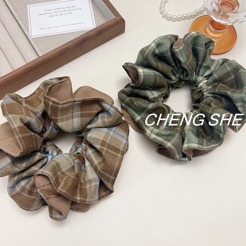 Women's Large Cloth Elastic Bun Hair Scrunchie Double Layer Plaid