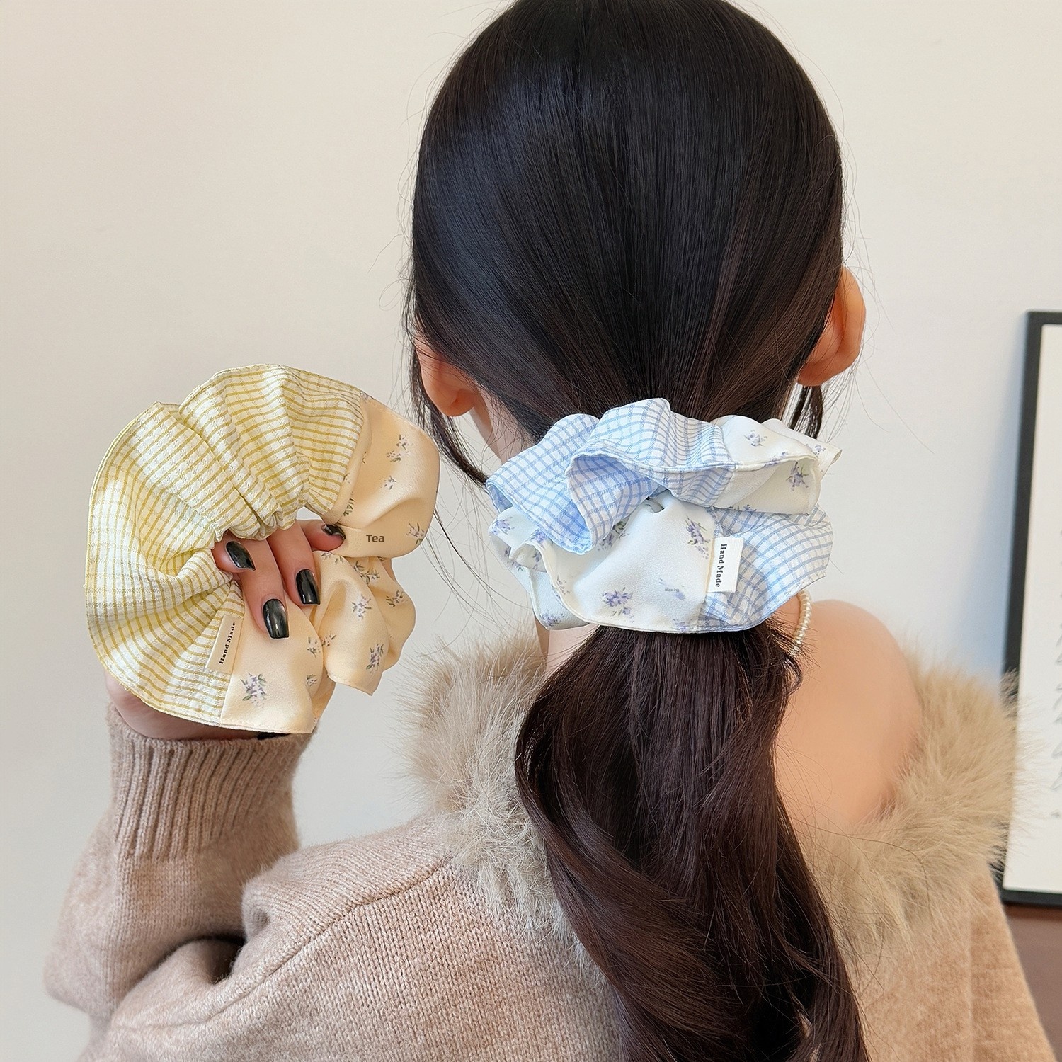 Women Spring Preppy Lace Fabric Hair Tie Scrunchie Blue Yellow Plaid