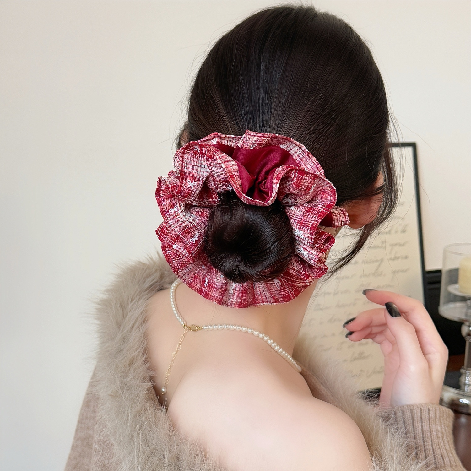 Women Casual Cloth Two-Layer Bowknot Hair Scrunchie Red Black Plaid