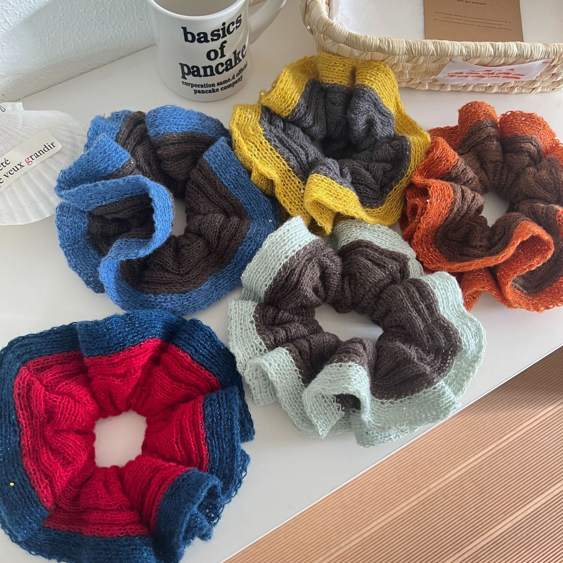 Women's Autumn Winter Knit Wool Yarn Hair Tie Round Scrunchie Blue