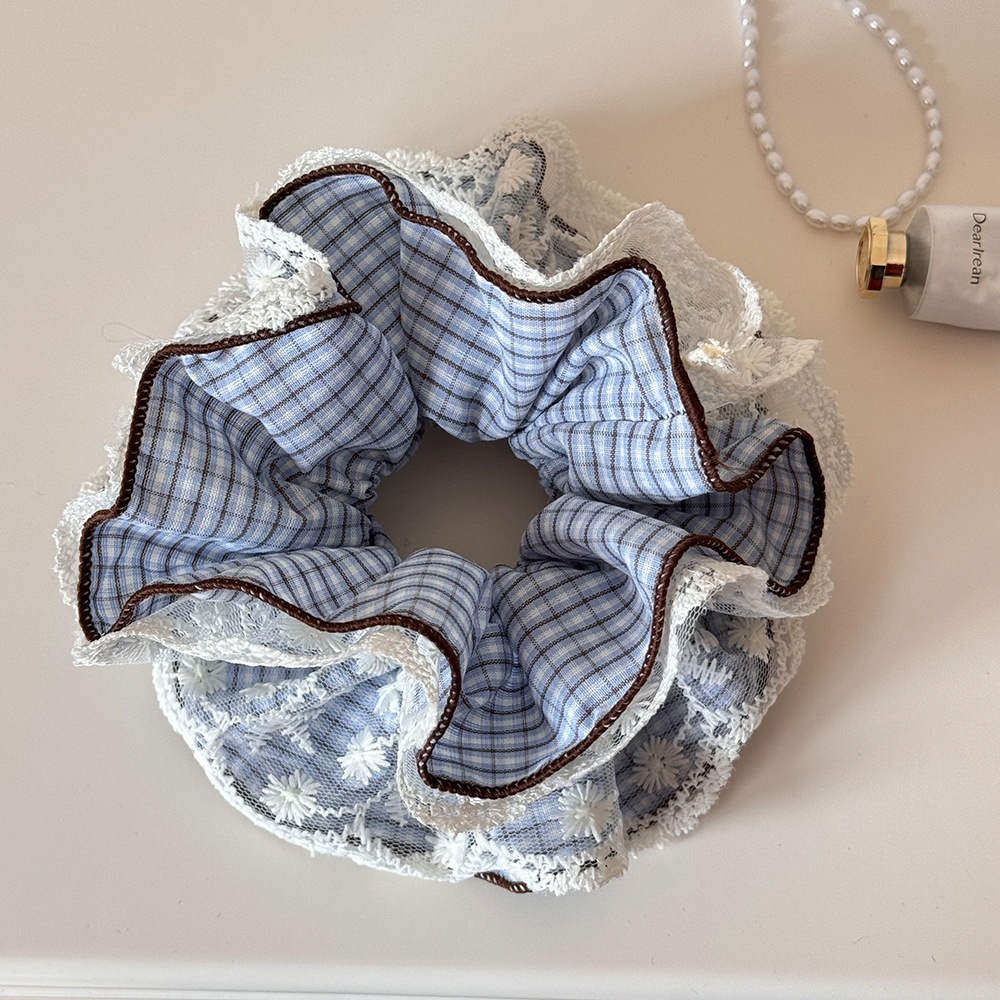 Women's Spring Cloth Scrunchie Hair Tie Blue Plaid Lace