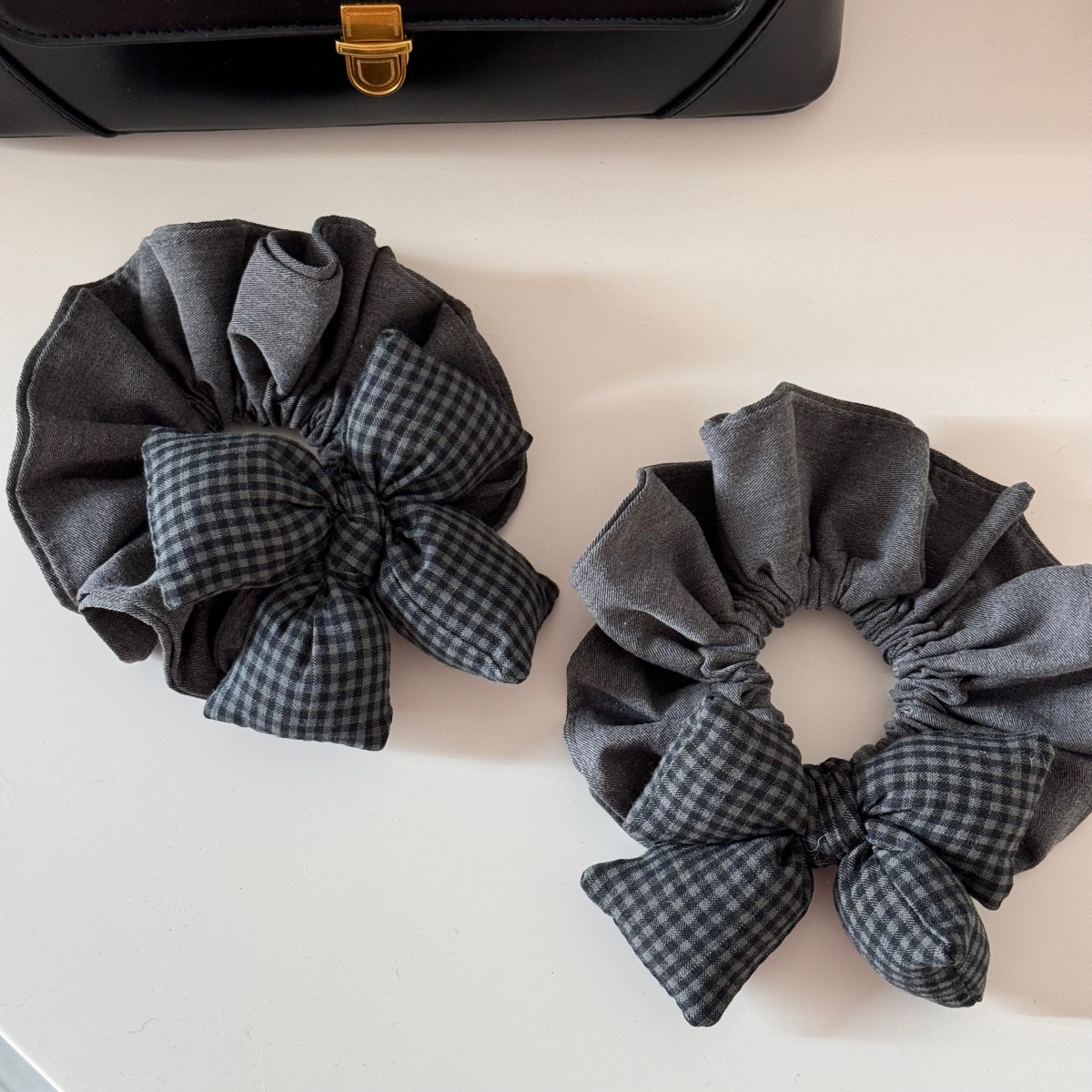 Women's High Elastic Cloth Bowknot Hair Tie For Ponytails Grey Plaid