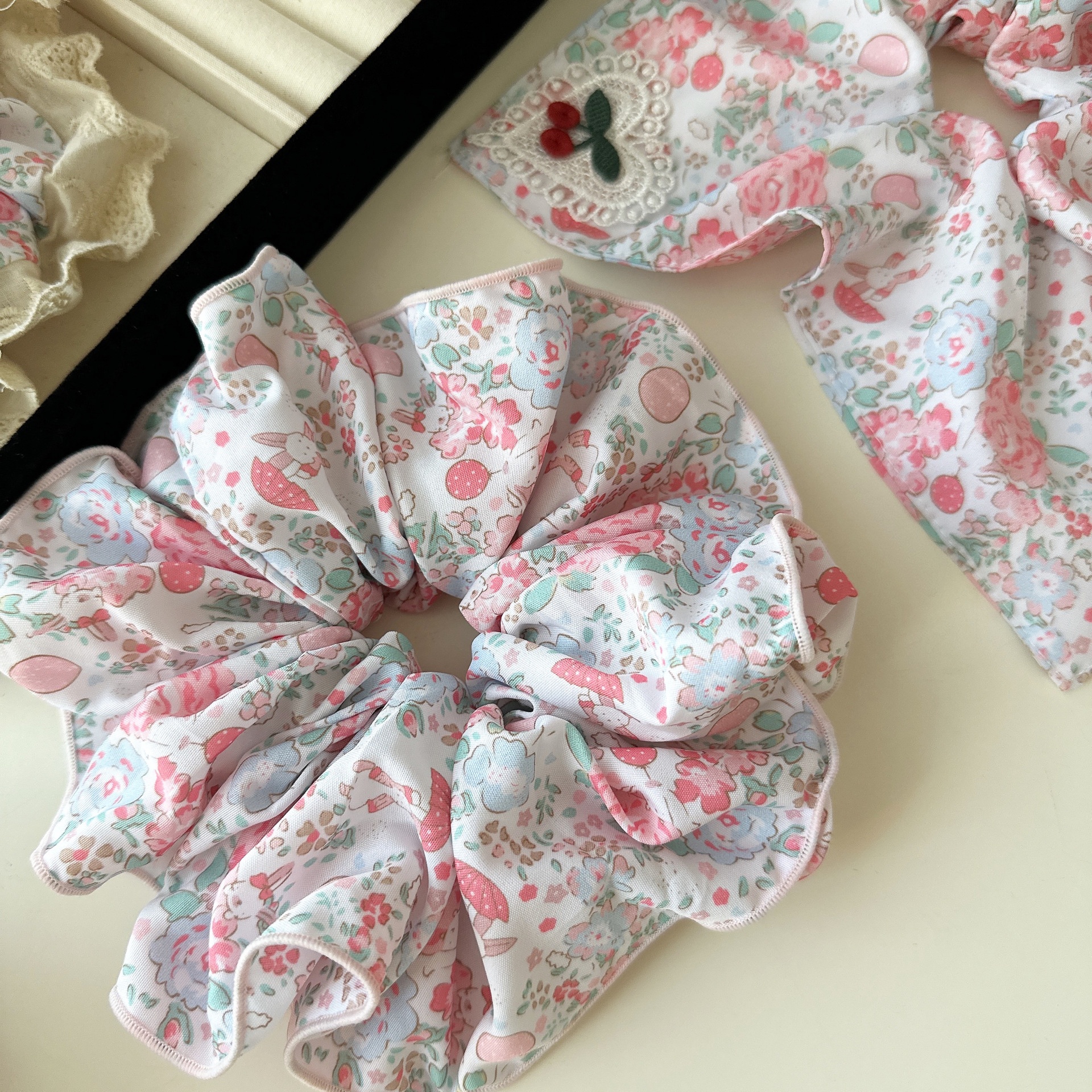 Women's Spring Summer Sweet Cloth Hair Tie Pink Cherry Floral Lace