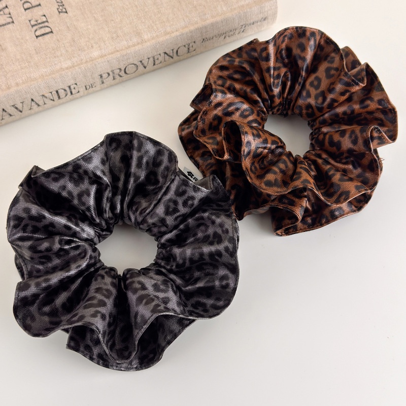 Women's Oversized Leather Bun Hair Scrunchie Coffee Leopard Print