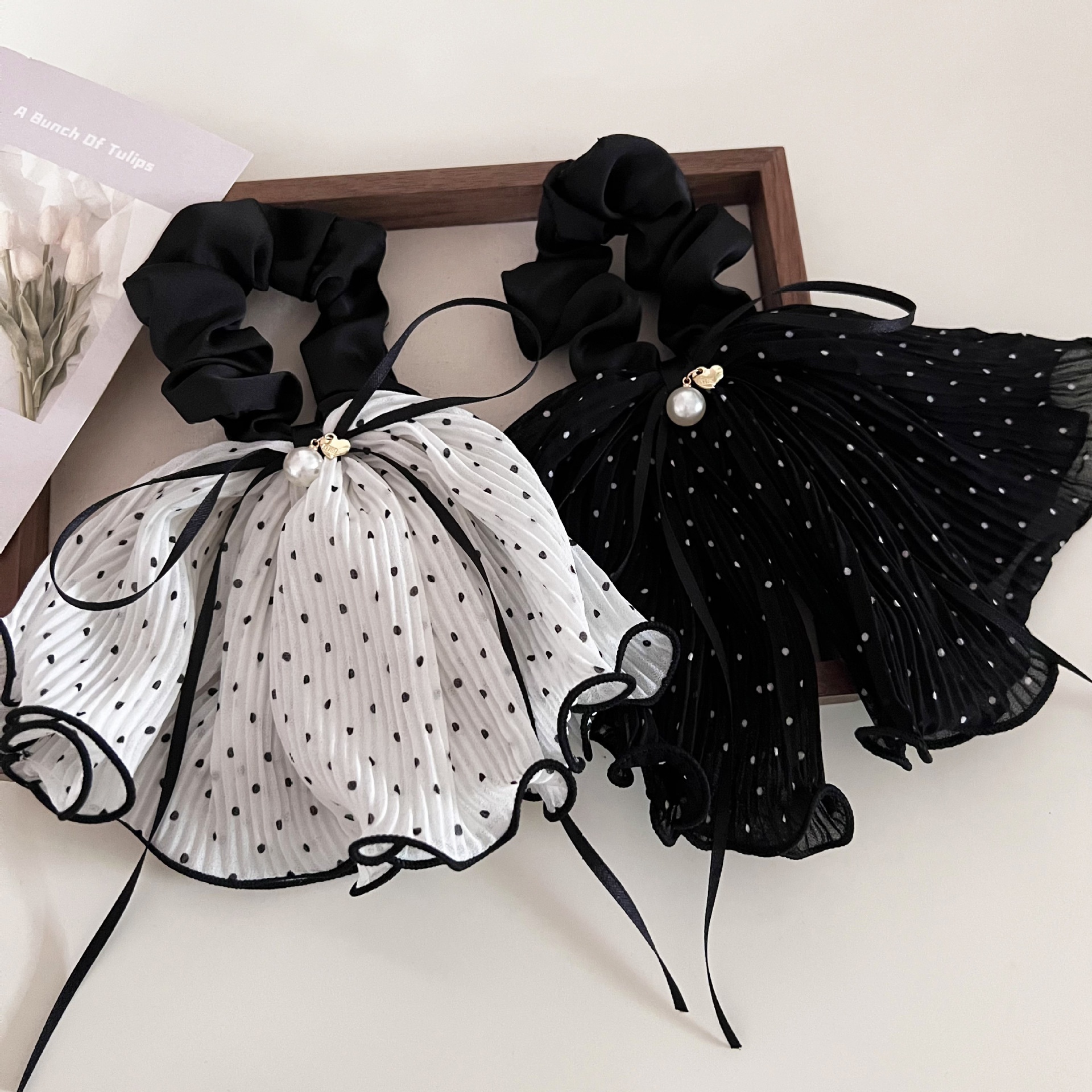 Women's Elegant French Gauze Bowknot Hair Tie Black White Polka Dot