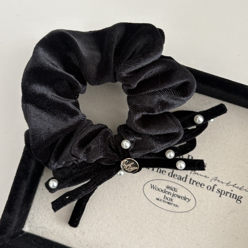 Women Pearl Velvet Autumn Winter Hair Scrunchie Red Black Bowknot