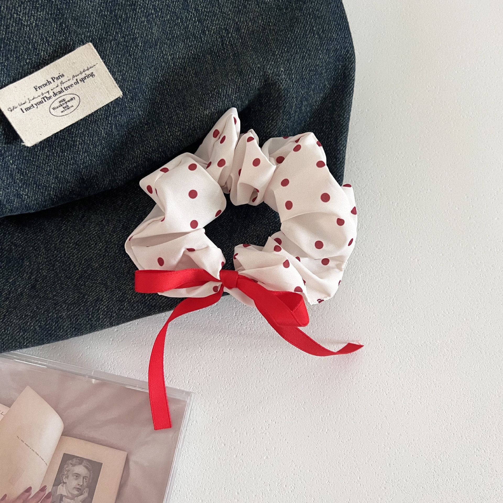 Women's Cloth Bowknot Hair Tie White Red Ditsy Floral Heart Print