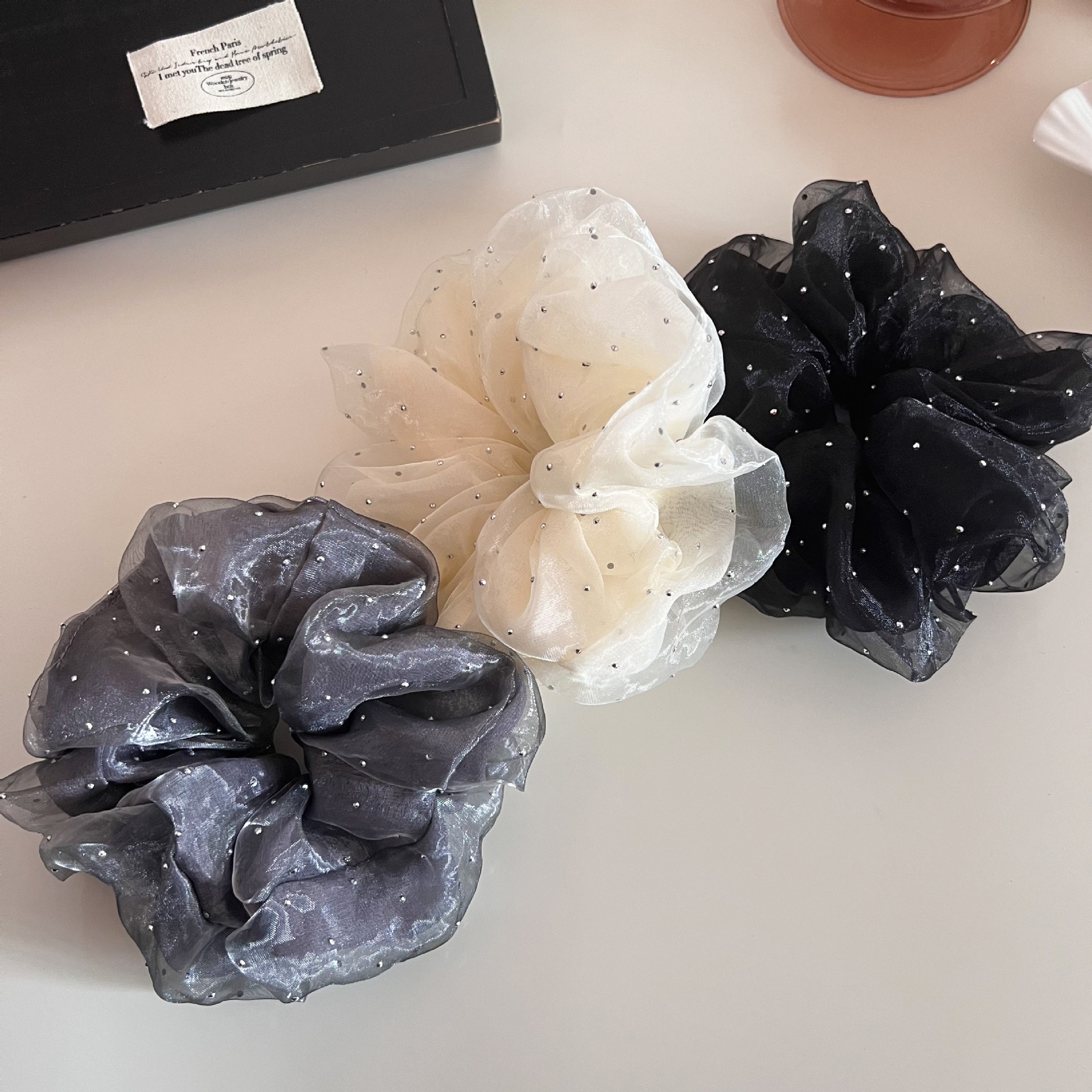 Women's Casual Rhinestone Mesh Double Layer Hairband Solid Beige Black