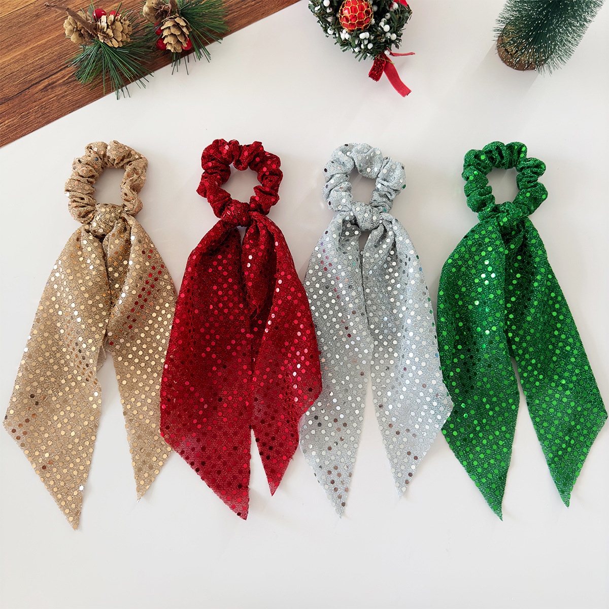 Women's Sweet Party Mesh Bowknot Ponytail Holder Hair Tie Sequin Polka Dot